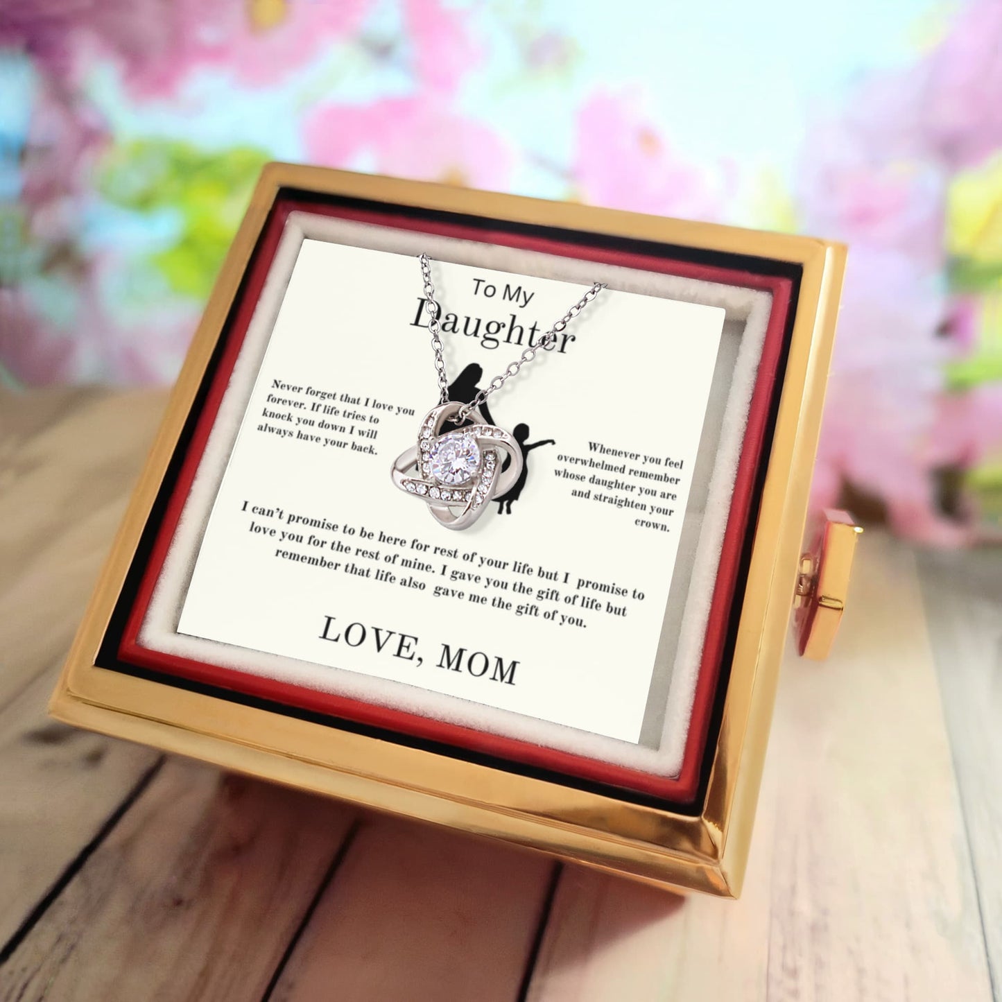 To My Daughter From Mom - Love Knot Necklace With Rotating Rose Box