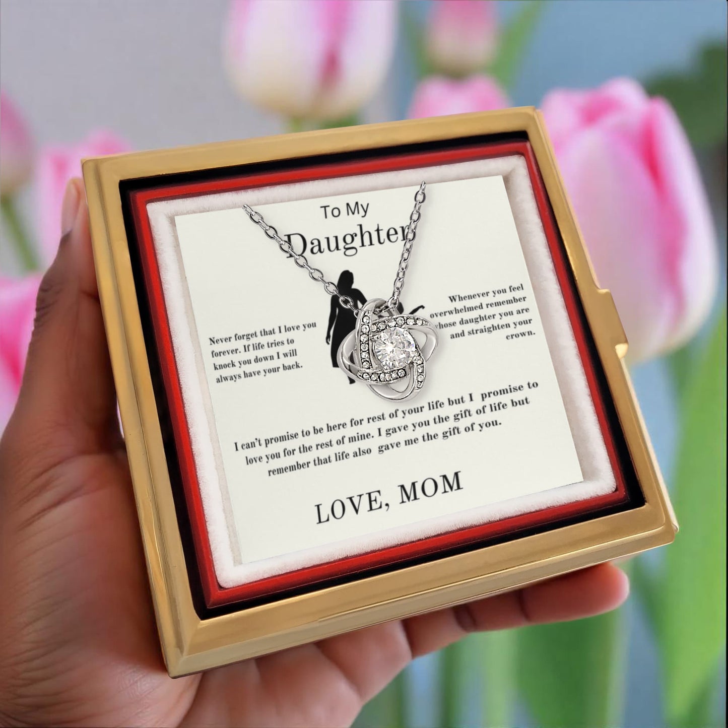 To My Daughter From Mom - Love Knot Necklace With Rotating Rose Box